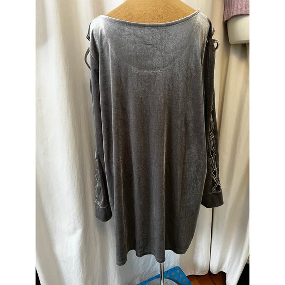 Roamans gray silver sequin velvet bling top shirt cut out criss cross sleeve 14 - Picture 5 of 11